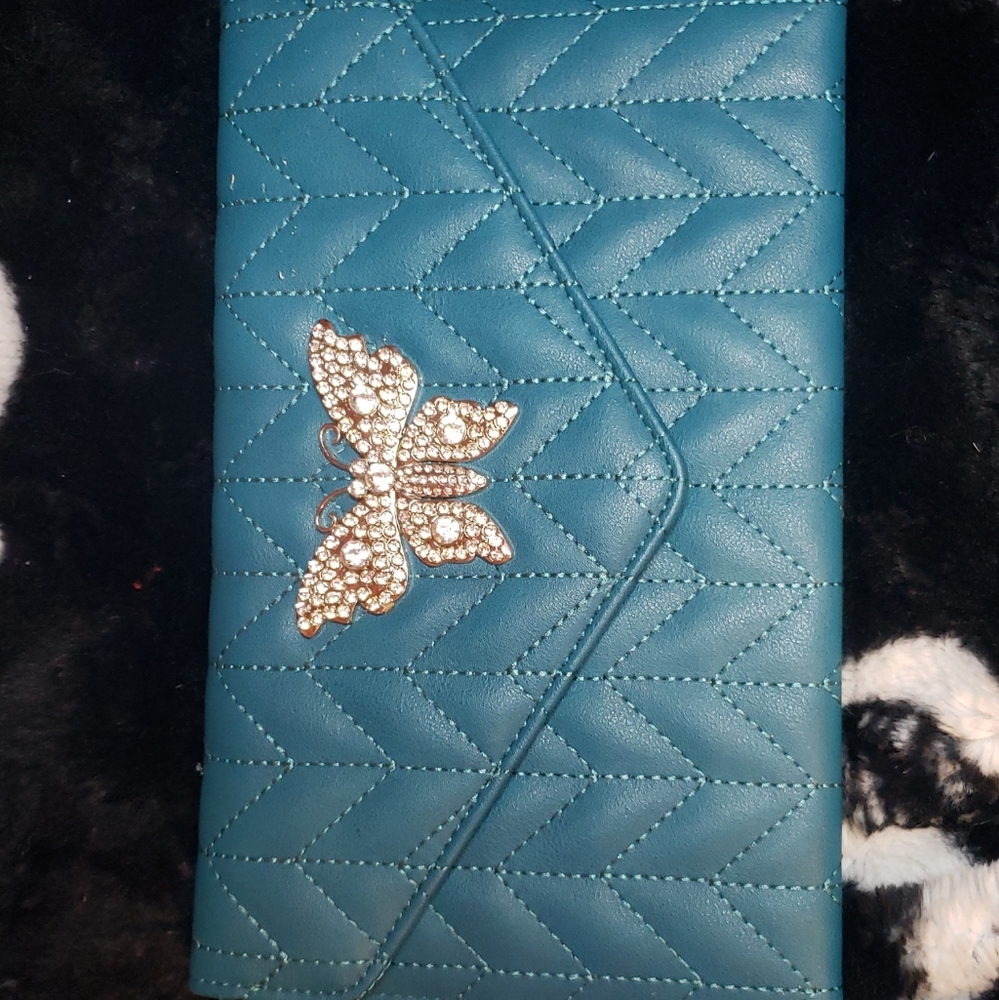 NWOT teal rhinestone butterfly clutch without included strap